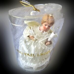 🎄Vintage One Light Angel Pig Tail Ornament/Tree Topper Cream white Dress NWT 5"